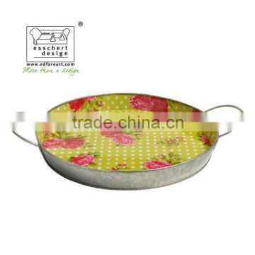 printed round zinc galvanized serving tray in polka dot rose