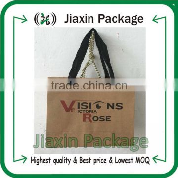 Customized brown kraft paper shopping bag with ribbon handle and logo