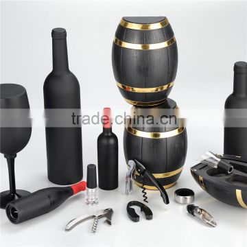 Oak barrel shaped box wine set ,Contain wine opener ,vacuum stopper , wine pourer,foil cutter ,wine collar
