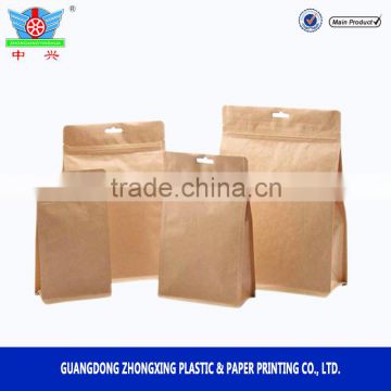 Standing side gusset PE lined kraft paper packaging quad seal flat block bottom food bag