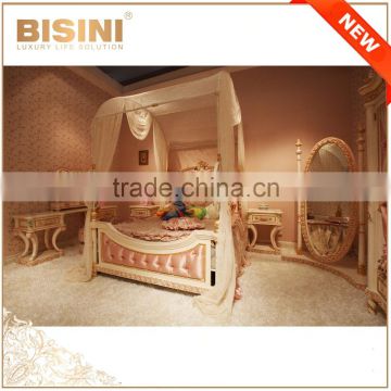 Italy Rose Carving Princess Canopy Bed/ New Design Pink Girls Bedroom Furniture/ Romatic Kids Wooden Bed