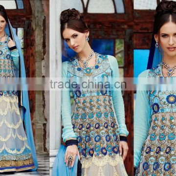 Blue shaded color on Blue embroidery heavy design all over long Anarkali Designer Semi Stitch Salwar Kameez