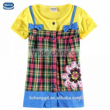 (H6315D) 2015 hot selling plaid cotton dress with butterfly floral embroidered special design summer short sleeve girl dress