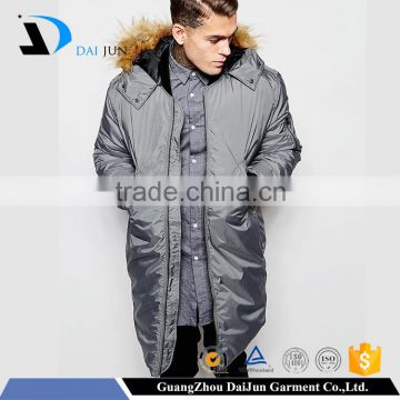 Guangzhou OEM winter 100 polyester zip up two pockets men with hood gray goose down jacket