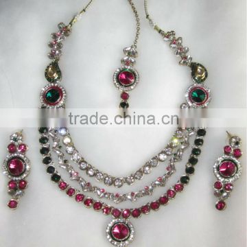 green pink Crystal necklace EARRING set