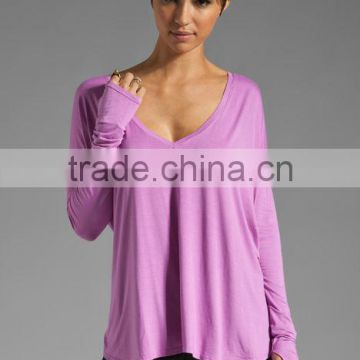 long sleeve deep v neck wholesale lady t-shirts with thumb holes