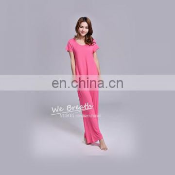 Women Bamboo Fiber Pajamas Short Sleeves Set Rose Red Beach Pants