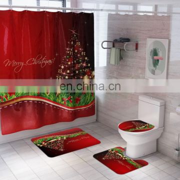 Christmas Bathroom Shower Curtain Mat Set Four-piece Waterproof Toilet Cover Mat Non Slip Rug Shower Curtain For Christmas Decor