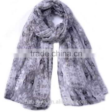 High quality cheap voile polyester plain Grey print scarf