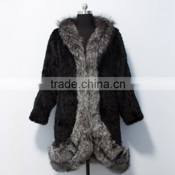 2015 new arrival knitted mink fur jacket with silver fox fur trim for women