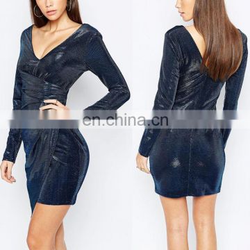 2016 Popular Ruched Side Textured Plunge Sexy V-neckline Long Sleeve Mini Cocktail Dress