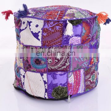 Patchwork Embroidery Design Ottoman Pouf Cover Round Traditional Footstool Cover 22" Inch