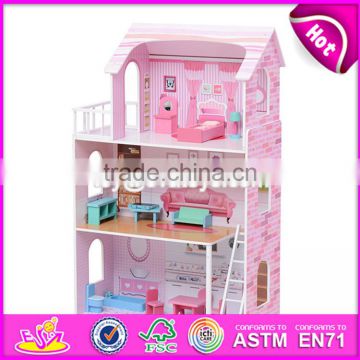 New design 13 pieces of furniture 3 floor pretend play pink wooden cottage dollhouse for children W06A230