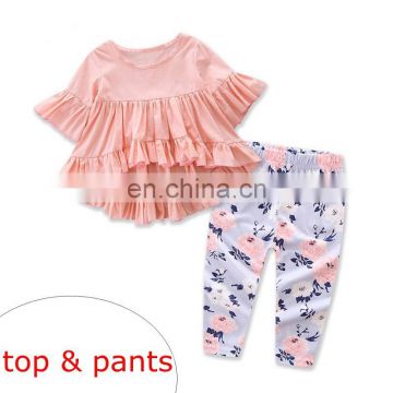 2019 new  ins summer spring kids girls pink ruffle sleeved tshirt tops & kids floral full print pants 2pc set
