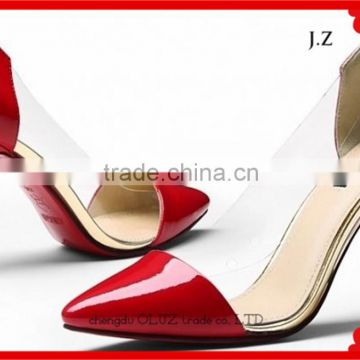OP37 lady shoes Red color PU with PVC Comfortable Pointed Toe Low Heel Women Pump Dress Shoes
