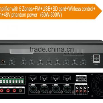 48V Phantom Power FM SD Card Amplifier, 5 zone Mixer Amplifier With Bluetooth