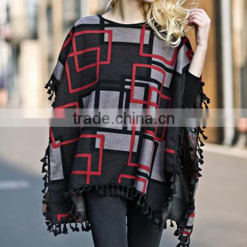 fashion acrylic poncho shawl geometry pattern knitted woman fashion poncho