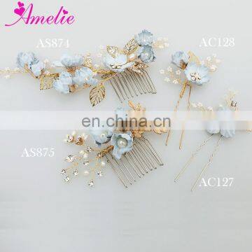 Amelie Handmade Blue Flower Freshwater Pearl Small Beads Wedding Hair Comb Bridal Side Hair Pin Wedding Hairgrips Jewellery