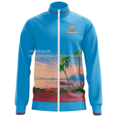 2022 Blue Custom Sublimation Jacket of Sea and Tree Pattern with White Zipper