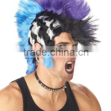Checkered Mohawk Punk Spikey Purple Blue Men Costume WigW272