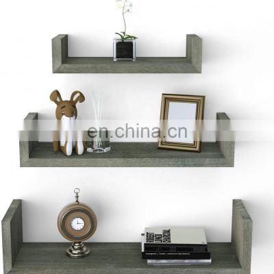 custom nordic style durable  floating wood wall shelf with storage set of 3 weathered gray color