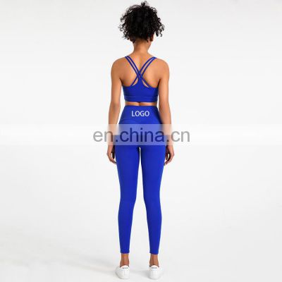 New Custom Logo Multi-colors Strap Bra Matching Crothless Leggings Yoga Set Women Workout Running Sports Gym Wear 2 PCS Suit
