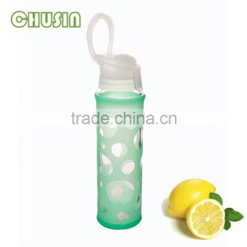 high-grade borosilicate glass water bottle with unique silicone sleeve and PP lid