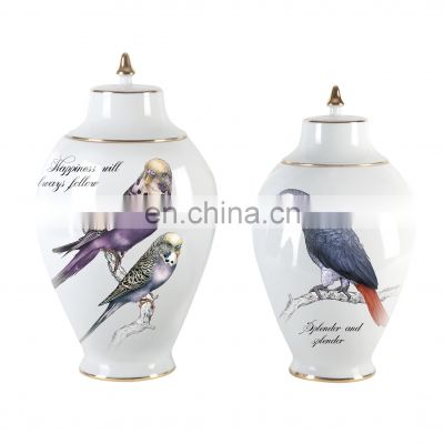 Modern LuxuryWhite Hand Painted  Peacock Decoration Ginger Jar Vase With Parrot