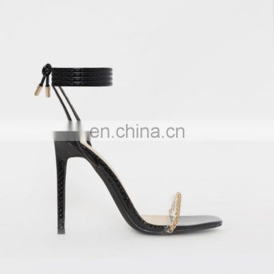 Women black color high heel ankle strap sandals shoes with lace up heels snake design shoe