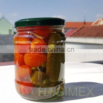 Best selling Vietnam assortment of tomatoes & baby cucumbers in glass jar 720ml