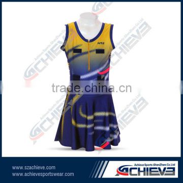Navy blue fading &yellow sublimation printing netball A-line dresses