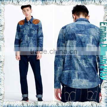 2017 Fashion Premium Mens Washed Thin Checked Denim Shirts with Suede Patch