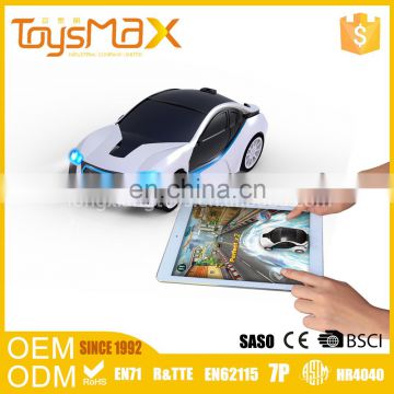 Promotional rechargeable miniature pocket racing car with challenging tablet games