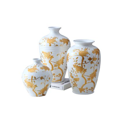 Chinese New Style Retro Golden Flower Painting White Ceramic Vase Set For Home Decoration