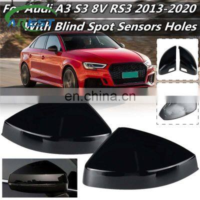 Pair For Audi A3 S3 8V RS3 Side Wing Mirror Cover Caps 2013 2014 2015 2016 2017 2018 2019 2020 Glossy Black Rearview Carbon Look