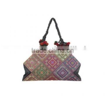Hmong Patchwork Shoulder Bag with Braided Pom Pom Strap