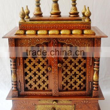 Hand Painted Copper Finish Wooden Temple With Gate