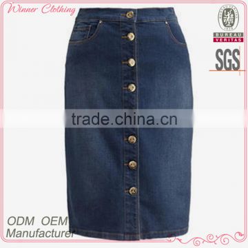 Lady's Newest Fashion Front Buttons Embellished Jean Skirt