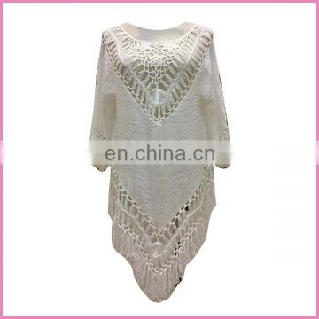 Guangzhou 2015 casual gypsy style hollow poncho blouse and shirt with long tassel