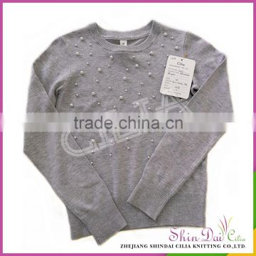 Factory directly provide girl grey fancy winter warm pullover sweater with pearl