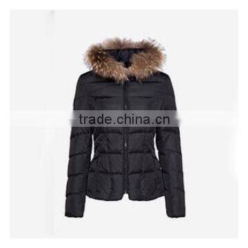 Classic Style Black Short Slim Faux Fur-collar Chevron Down Puffer