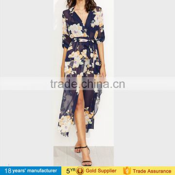 2017 sexy Long sleeve bohemian floral print self tie surplice wrap chiffon sheer dresses for women beach cover up