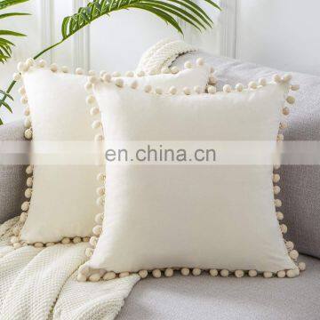 White Square Decorative Throw Pillow Covers Soft Velvet Outdoor Cushion Covers set with Balls