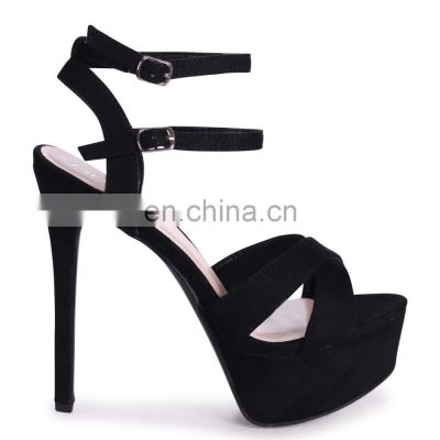 Black suede heavy stiletto platform ladies heeled double ankle strap & crossover front strap women high heel shoes