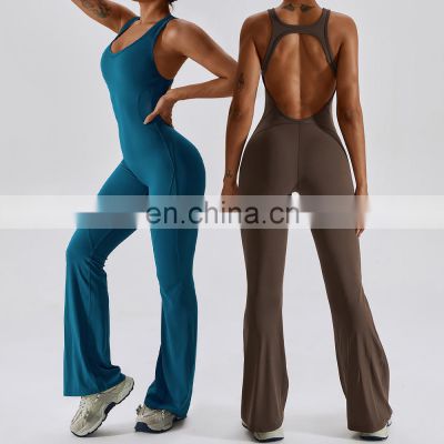 Plus Size Soft One Piece Flared Workout Gym Playsuit Sexy Hollow Out Wide Leg Yoga Fitness Active Bodysuit Jumpsuit For Women