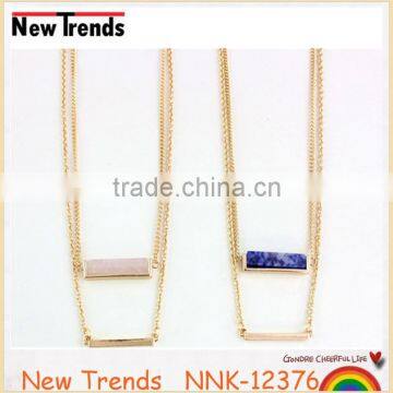 Fashion pink crystal pendant double chain necklace blue natural stone necklace