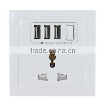 Top selling 10A 250V CE approved 5V 2.1A universal outlet with 3 usb for charging