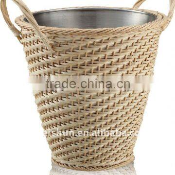 round stainless steel ice bucket in rattan baskets
