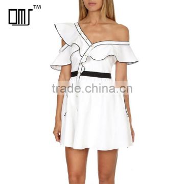 Asymmetrical ruffle one shoulder contrast pipping short dress