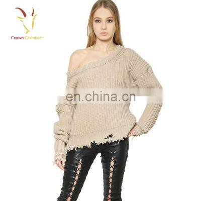 women wide neck heavy knit woolen sweater tattered sweater